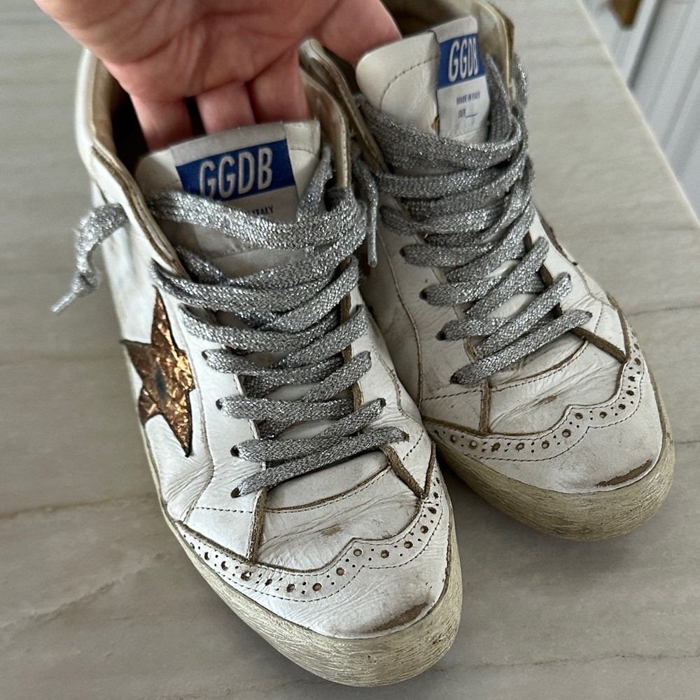 Golden Goose White and Silver Sneakers with Gold Star